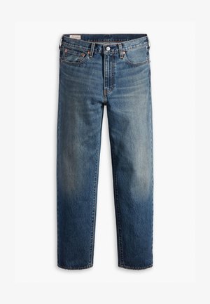 Modre naravnost krojene jeans hlače iz denima s klasičnim pet-pocket dizajnom, zapenjanjem na gumb in subtilnim zbledelim pranjem na stegnih in kolenih.