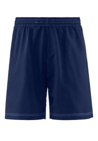 Tmavomodré elastické šortky so snehobielym prešitím na páse a leme, vyrobené z ľahkej tkaniny.