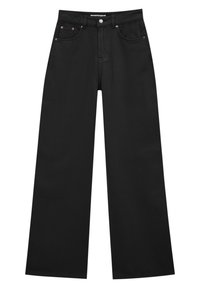 Vaqueros anchos negros confeccionados en resistente mezclilla de algodón, que presentan un clásico diseño de cinco bolsillos, detalles en botón y remaches metálicos, y una textura suave.