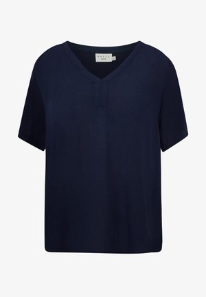 Marineblaue kurzärmlige Bluse mit V-Ausschnitt und einem kleinen Knopfdetail. Hergestellt aus glattem Stoff mit einer lockeren Passform.