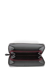 Gray leather wallet with zip closure, interior features two burgundy compartments and a patterned lining. Multiple card slots included.