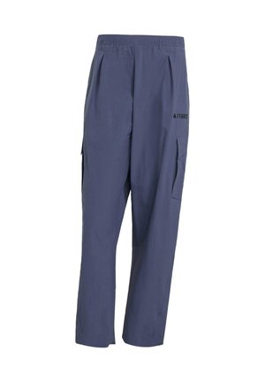 Navy blue cargo pants made of lightweight fabric featuring an elastic waistband, pleats, and two side pockets, with a branded logo accent.