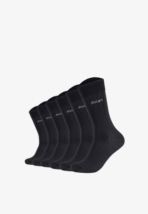 Sechs Paar schwarze, gerippte Knöchelsocken mit umgeschlagenem Bündchen, jeweils mit dem weißen "JOOP!"-Logo nahe dem oberen Rand.