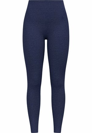 Leggings bleu marine avec un motif texturé et chiné, taille haute et coupe ajustée, conçus pour le confort et la flexibilité pendant l'activité.
