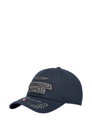Cappellino da baseball blu navy con testo ed emblema ricamati in stile militare, con bandiera italiana e ramo d'ulivo sul bordo.