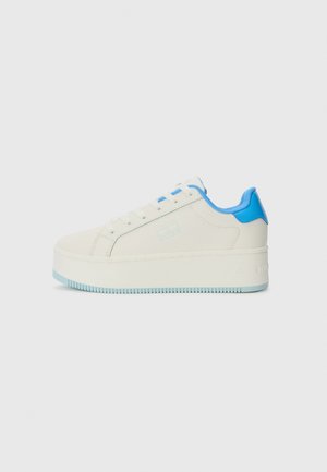 White platform sneakers made of smooth material, featuring a light blue heel accent and matching blue laces, with a textured sole.