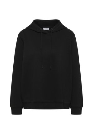 Sudadera negra con capucha y cordón, de manga larga, con puños acanalados y una textura limpia y suave. Presenta un diseño simple y minimalista.