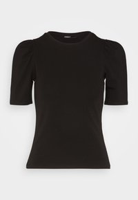 Černá krátká rukávová košile s kulatým výstřihem a nabíranými rukávy. Vyrobena z měkké látky, má přiléhavý střih bez vzorů nebo zdobení.