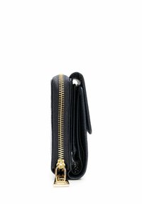 Black zip-around wallet with gold zipper hardware, textured material, and a flat silhouette. Opened to display multiple card slots and compartments.