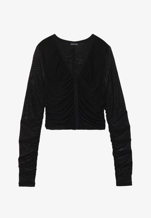 Fekete, rövidített felső átlátszó, textúrált anyagból, hosszú, ráncolt ujjakkal és mély V-kivágással. Elöl gyűjtött részlet található.