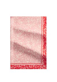 Foulard quadrato in tessuto rosa tenue con motivo astratto crema, bordato da un vivace bordo rosso. Tessuto liscio, design leggero.