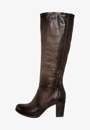 Braune Leder-Stiefel bis zum Knie mit abgerundetem Zehenbereich, seitlichem Reißverschluss und strukturiertem Finish; verfügt über einen gestapelten Absatz und dezente Steppnähte.
