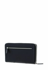 Portafoglio con zip in pelle blu scuro. Texture liscia, forma rettangolare, con una tasca anteriore con zip. Dettagli in metallo color argento e logo.