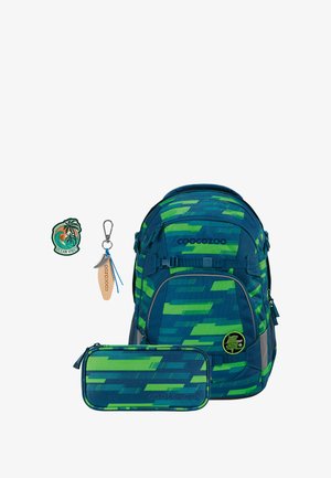Backpack with blue and green geometric pattern, featuring gray accents, logo, and matching pencil case; includes keychain and badge.