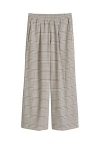 Wijde geruite broek met elastische tailleband, met een beige, zwarte en blauwe ruitpatroon. Gemaakt van een lichtgewicht stof.