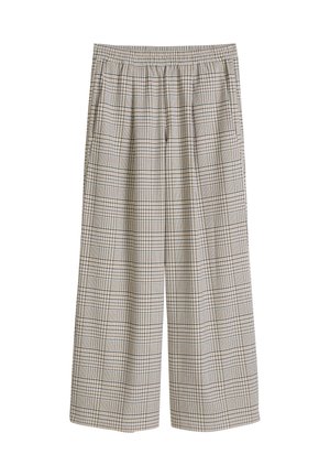 Wijde geruite broek met elastische tailleband, met een beige, zwarte en blauwe ruitpatroon. Gemaakt van een lichtgewicht stof.