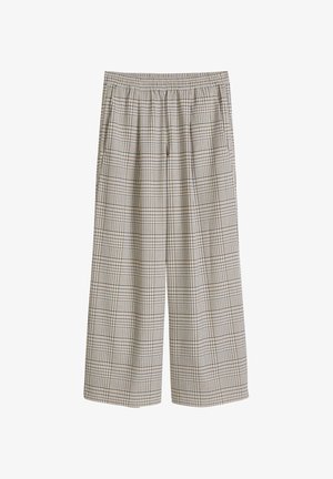 Wijde geruite broek met elastische tailleband, met een beige, zwarte en blauwe ruitpatroon. Gemaakt van een lichtgewicht stof.