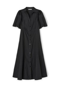Abito button-up nero con colletto, maniche a puff corte e gonna svasata. Realizzato in un tessuto liscio, presenta bottoni neri lungo il davanti.