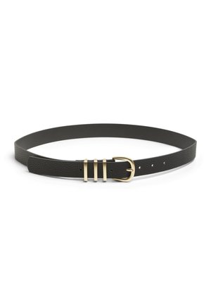 Fekete textúrájú bőröv, arany fém csattal, három vízszintes sávval és több állítólyukkal.