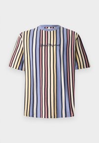 Short-sleeve striped t-shirt in blue, cream, black, and red, featuring horizontal stripes and embroidered "Originals" text on the front.