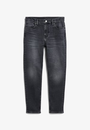 Zwarte denim spijkerbroeken met een rechte pasvorm, voorzien van vijf zakken, een knoopsluiting en subtiele vervaging op de dijen.