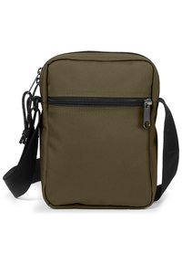 Olivgrüne, rechteckige Tasche aus robustem Material, mit einer Reißverschlusstasche auf der Vorderseite, einem verstellbaren Tragegurt und einem flachen Boden.