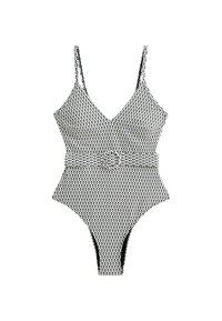Maillot de bain une pièce à motifs noir et blanc avec un décolleté en V, des bretelles spaghetti et un détail de taille ceinturée.