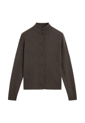 Cardigan marron foncé en laine douce, doté d'un col montant, d'une ouverture à boutons sur le devant, ainsi que de poignets et d'un ourlet côtelés pour plus de texture.