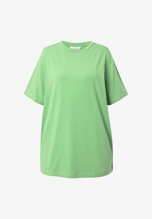 Groene t-shirt van zacht katoen, met een relaxte pasvorm, korte mouwen en een ronde hals. Glad materiaal zonder zichtbare patronen.