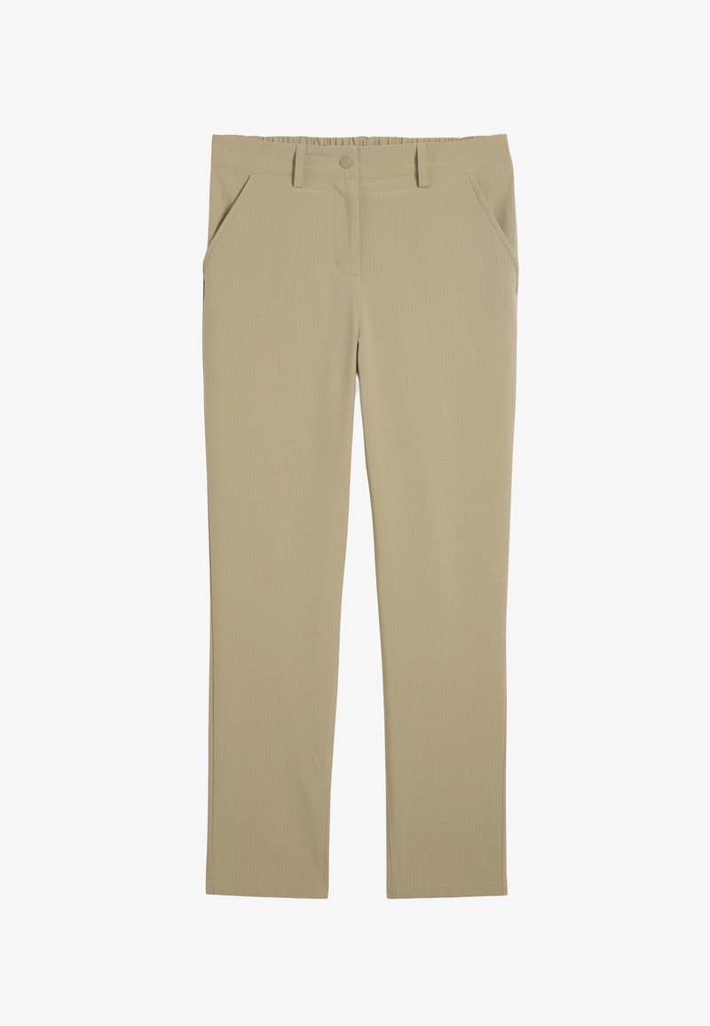 Pantalons beiges légers et ajustés, avec poches avant et fermeture à bouton, en tissu texturé, disposés à plat.