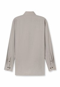 Hellgraues Langarmhemd aus glattem Stoff. Es verfügt über einen Kragen, knöpfbare Manschetten und eine einfarbige, strukturierte Oberfläche ohne Muster.