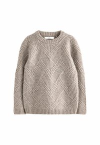Helles graues Strickpullover mit einem strukturierten Zickzack-Muster, Rundhals-Ausschnitt und gerippten Bündchen sowie Saum. Hergestellt aus einem weichen, gemütlichen Material.