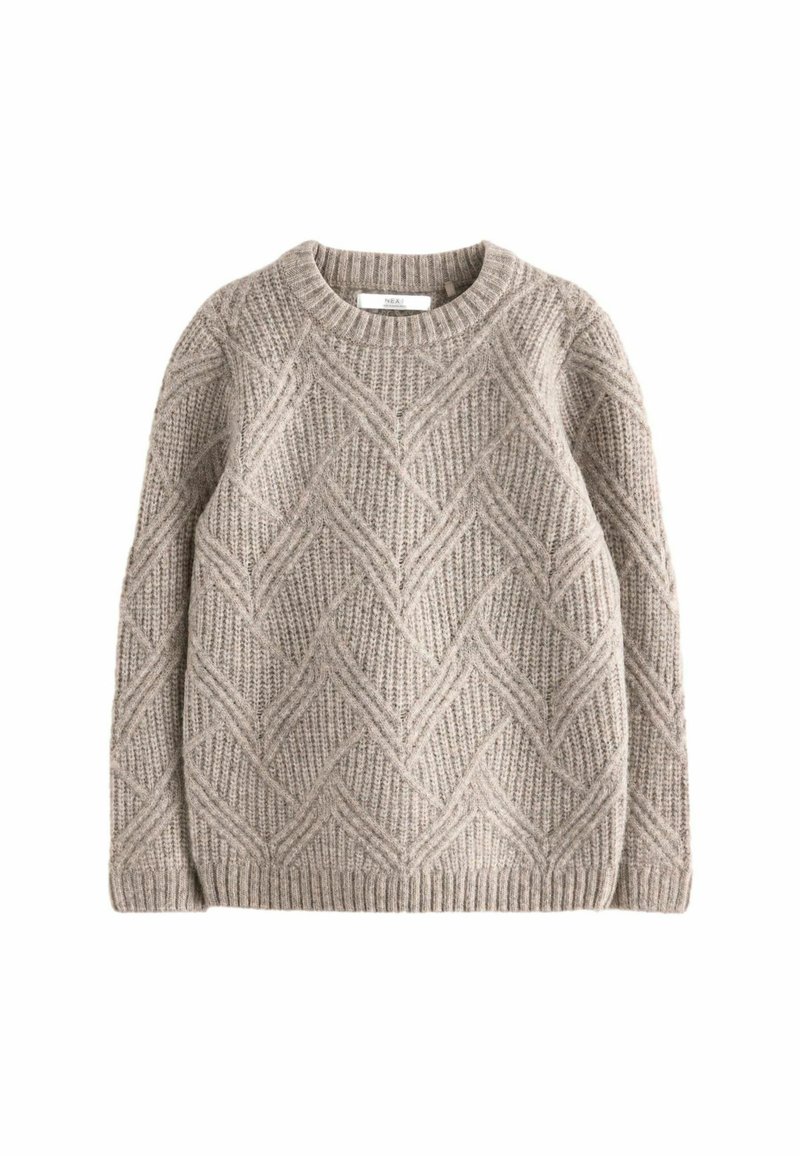 Helles graues Strickpullover mit einem strukturierten Zickzack-Muster, Rundhals-Ausschnitt und gerippten Bündchen sowie Saum. Hergestellt aus einem weichen, gemütlichen Material.