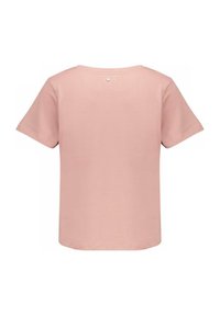 Lichtroze t-shirt met korte mouwen, een ronde hals en knoopdetail op de rug. Glad stof met een ontspannen pasvorm en rechte onderrand.