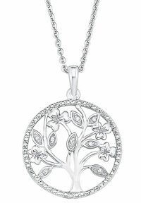 Silver pendant featuring a tree design with floral accents, round shape, intricate details, and a chain necklace.