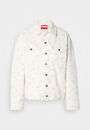 White denim jacket with small pink floral prints, two front pockets, and silver snap buttons on the closure. Textured fabric. Cropped fit.