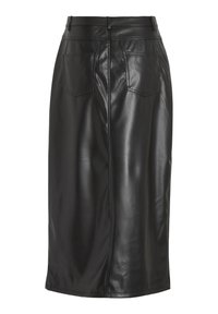 Jupe midi en similicuir noir avec coupe droite, deux poches arrière, passants pour ceinture et couture centrale verticale à l'arrière.