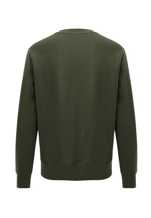 Donkergroene sweater met lange mouwen en ronde hals, gezien van achteren, met geribbelde manchetten en zoom.