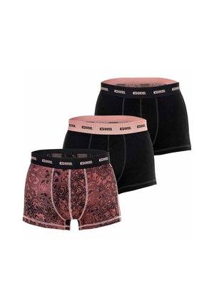 Drei Paar Diesel Boxershorts, zwei einfarbig schwarz mit pinkfarbenen Taillenbändern, ein gemustert in Pink und Schwarz mit schwarzem Taillenband.