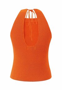 Oranje gebreide haltertop met een open rug en striksluiting, voorzien van een gevarieerd patroon en een aansluitende pasvorm.