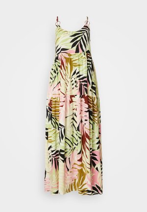 Robe maxi avec un décolleté en forme de scoop et des fines bretelles, présentant un motif de feuilles tropicales multicolores dans des tons de verts, roses et bruns.