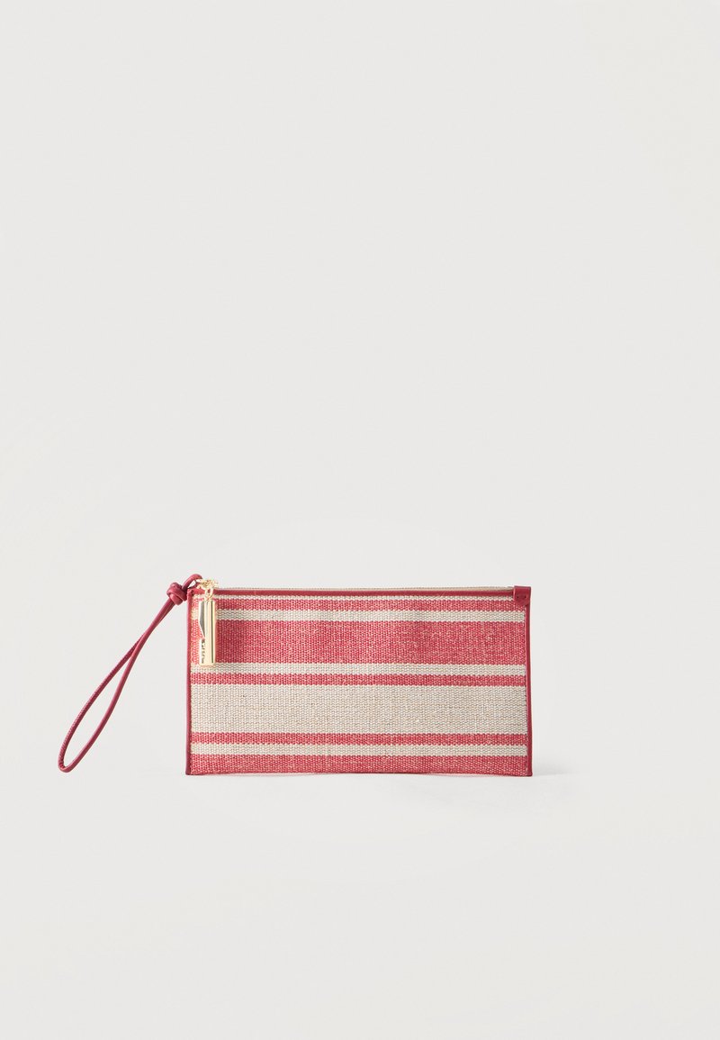 Pochette rectangulaire pour poignet avec rayures horizontales roses et beiges, fermeture éclair dorée et sangle rose sur fond blanc.