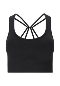 Soutien-gorge de sport noir avec une texture lisse, présentant une encolure dégagée et un design de bretelles croisées dans le dos. Détails en mesh subtils sous la poitrine.