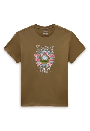 T-shirt Vans marron avec le texte "Vans Off The Wall Tour 1966" et un motif floral comprenant des fleurs roses et un design circulaire scénique.