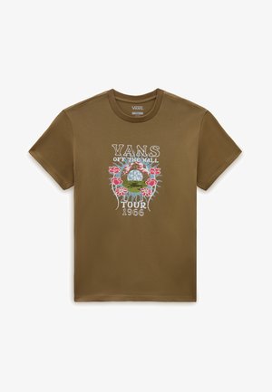 T-shirt marrone Vans con la scritta "Vans Off The Wall Tour 1966" e una grafica floreale con fiori rosa e un design paesaggistico circolare.