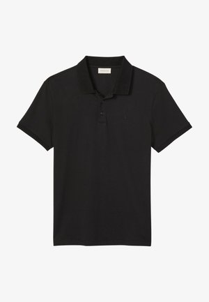 Zwart poloshirt van gladde stof, met een twee-knopen sluiting, korte mouwen en een klein geborduurd logo op de borst.