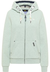 Světle zelená mikina na zip se stahovací kapucí, dvěma předními kapsami, žebrovanými manžetami a lemem a decentním logem na hrudi.