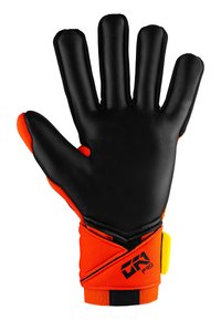 Gant de gardien de but avec une paume en latex noir, un dos en textile orange vif, des coutures renforcées et une sangle de poignet jaune vif.