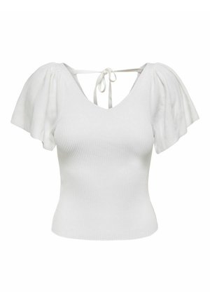 Top blanco de canalé con escote en V, mangas cortas tipo volante y un detalle de lazo en la parte posterior. Textura suave y diseño ajustado.