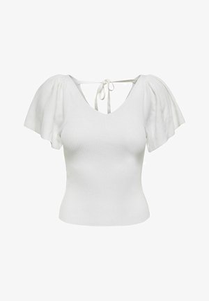 Valkoinen ribattu paita, jossa on v-pääntie, lyhyet liehuvat hihat ja solmukko takana. Sujuva tekstuuri ja vartalonmyötäinen muotoilu.
